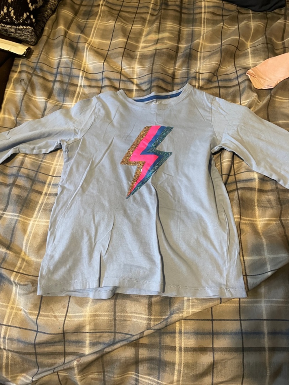 Light Blue Girls' Long-Sleeve Tee with Colorful Lightning Bolt